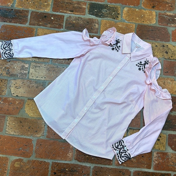 Nanette Lepore Ruffle Cold Shoulder button up shirt szM - Picture 5 of 14